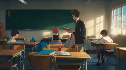 UntitledVintage-style classroom with students focused on a teacher giving a lecture in front of a chalkboard. AIG41