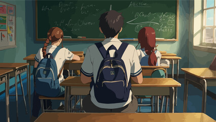 UntitledVintage-style classroom with students focused on a teacher giving a lecture in front of a chalkboard. AIG41