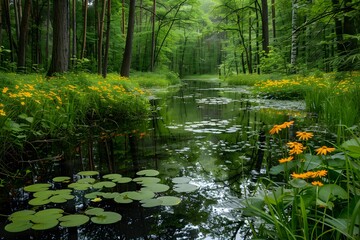 Fototapeta premium Serene Forest Stream with Lush Greenery and Yellow Wildflowers