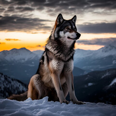 Obraz premium Majestic alpha wolf at sunset. The breathtaking scene highlights the wolf's powerful presence against a backdrop of snow-covered mountains and a vibrant sky. Generative AI. 