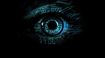 Fototapeta premium A close up of a blue eye with a black background. The eye is surrounded by a circle of lines and dots, giving it a futuristic and digital appearance