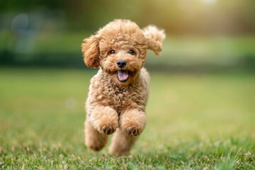 A happy light brown poodle puppy runs playfully towards the camera in a beautiful green field.
