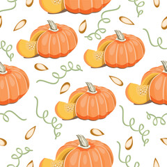 Seamless pattern ripe pumpkin and its slice with pumpkin seeds on a white background. Vector pattern for autumn designs, textiles, wallpapers.