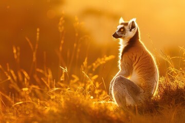 Fototapeta premium curious lemur basking in golden sunlight lush grassy hill and warm tones create a serene natural portrait of wildlife contentment