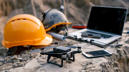 Drone, remote control, smartphone, laptop, and protective helmet at construction site - utilizing uav technology for land and building site survey in civil engineering