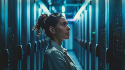 Engineer businesswoman inspecting network server room with high-tech equipment, analyzing data and ensuring optimal performance in a modern business environment