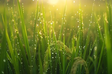 Close-up view of rice plants in a rice field, with golden sunlight spilling onto the field