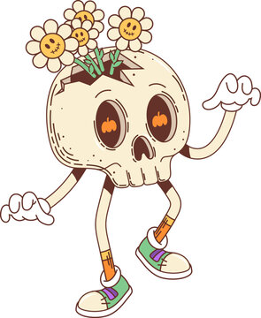Cartoon retro groovy Halloween skull character for horror night holiday, vector comic face. Groovy funky skull of dead skeleton with zombie flowers and pumpkin eyes for Halloween trick or treat party