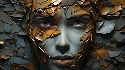 Minimalistic Sculpture of A Women Close Up with Eyes In The Shape Of Cracked Rusty Concrete Wall