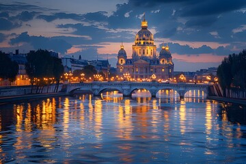 Obraz premium Illuminated Cathedral and Bridge Reflecting on a Tranquil River at Dusk