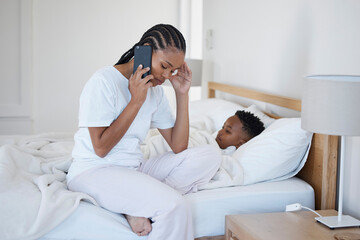 Mom, black child and sick on phone call in bed for medical care, service and booking appointment with doctor. People, parent and kid at home with worry or stress for illness, flu and virus infection