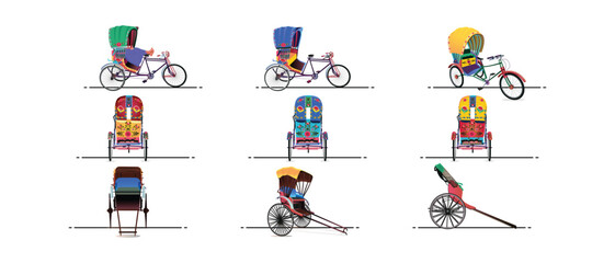 Set of colorful rickshaws, Kolkata hand-pulled rickshaw, Bangladeshi Rickshaw art Tri cycle of Dhaka city