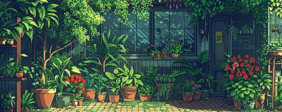 A pixel art rendition of a pixelated gardener tending to their pixelated plants, nurturing pixelated life and beauty.