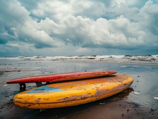 Fototapeta premium Two colorful surfboards rest on the wet sand at sunrise, with gentle waves and a vibrant sky in the background