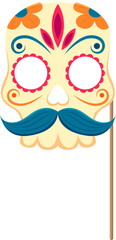 Dead day photo booth mask with props. Mexican dia de los muertos holiday vibrant and intricate sugar skull with mustaches, colorful patterns, flowers, and ornate details, perfect for celebrating