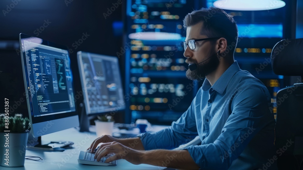Poster engineer focused on robotics automation project in high-tech laboratory, innovating advanced robotic