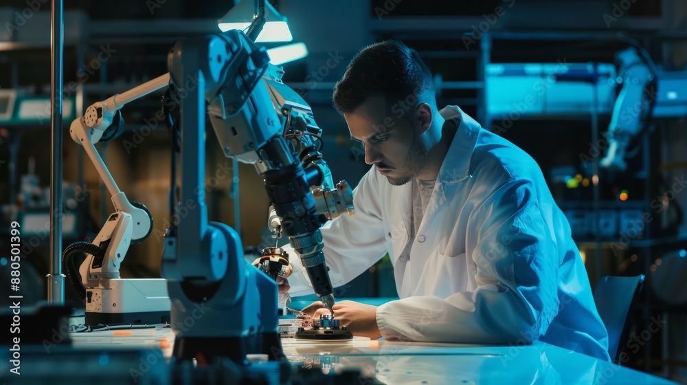 Poster engineer focused on robotics automation project in high-tech laboratory, innovating advanced robotic