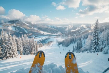 Skis point downhill from a snowy mountain top, revealing a stunning panoramic view of snow-covered trees, slopes, and distant valleys