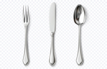 Realistic Cutlery Set, Silverware Design. Isolated Vector Fork, Knife, and Spoon on Transparent Background, Symbolizing Dining and Culinary Tools for Creative Projects.