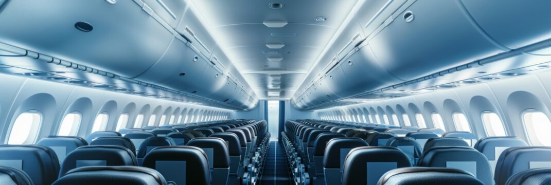 Airplane interior of commercial passenger. Airplane cabin and aisle with empty seats inside of plane