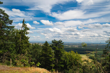 View of the Alsace plain above the town of Saverne. The Frohnberg rock in the northern Vosges offers a view of the Rhine valley in Alsace.