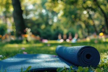 A yoga mat is rolled out on the grass in a serene park, with blurred figures practicing yoga in the background, surrounded by lush greenery