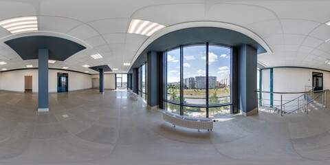 hdri 360 panorama in empty modern hall with columns, doors and panoramic windows in full seamless...