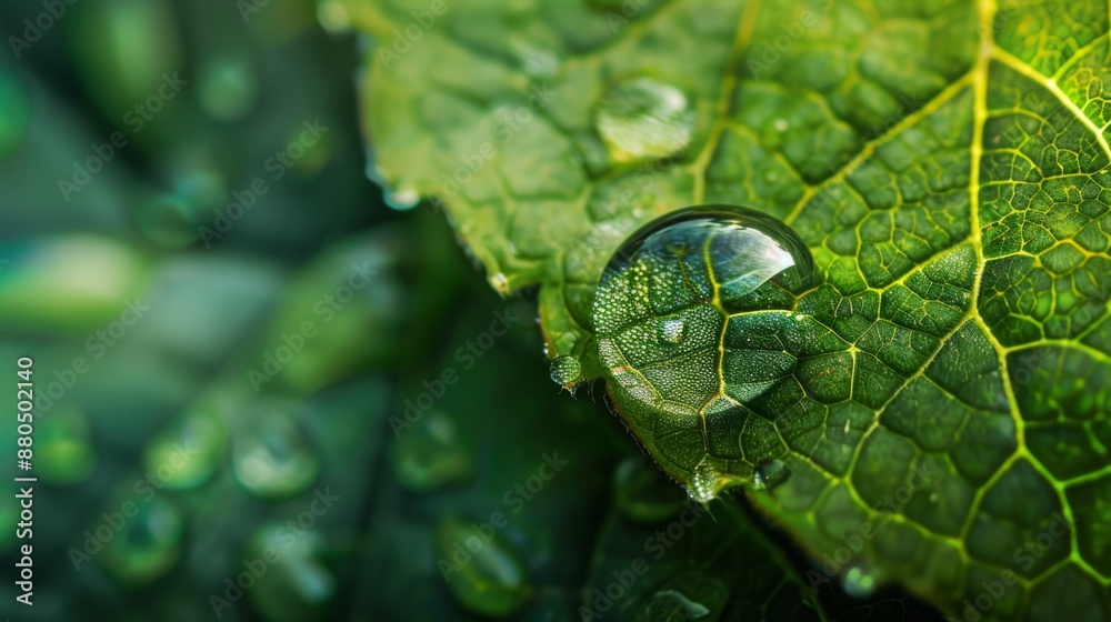 Poster a close-up of a water droplet magnifying the texture of a leaf.