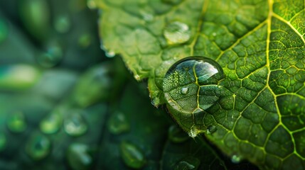 A close-up of a water droplet magnifying the texture of a leaf.
