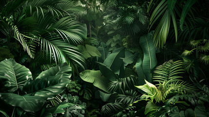 Tropical rainforest flora with lush greenery, vibrant exotic plants.