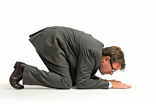 50 Year Old Businessman Crawling Face Down, White Background Full Body Profile Photo
