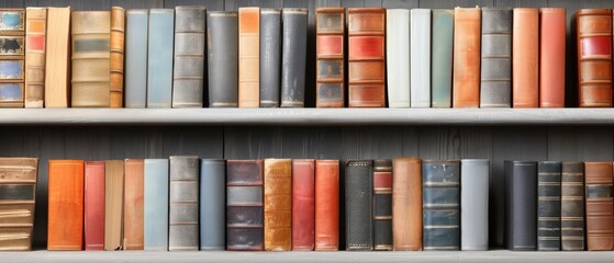 A collection of vintage books lined up on a wooden shelf, showcasing various worn and colorful covers in a library or study setting.
