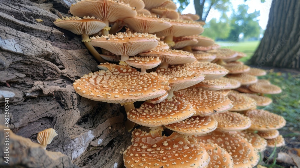 Aufkleber A close-up of mushrooms growing in a cluster on the base of a tree trunk.