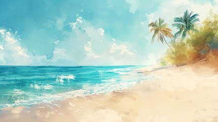 Tropical Beach Watercolor Illustration.