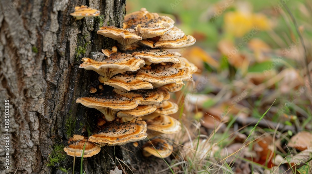Aufkleber A close-up of mushrooms growing in a cluster on the base of a tree trunk.