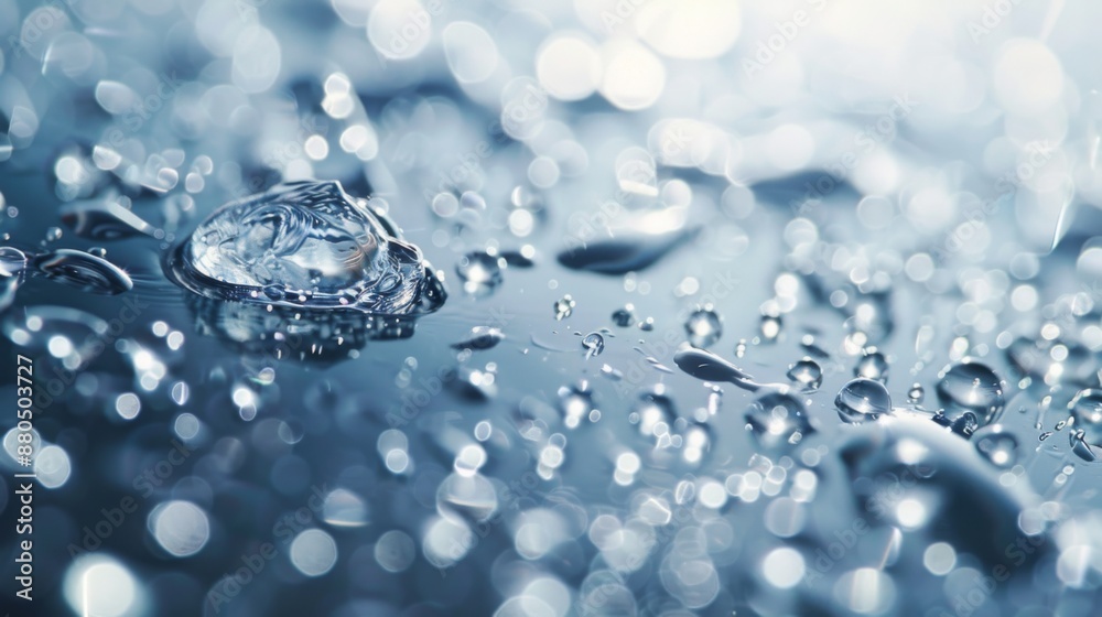 Poster a close-up of sparkling water droplets on a smooth surface.