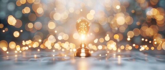 A gleaming trophy on a reflective surface, illuminated by bright, golden bokeh lights, symbolizing achievement and celebration.