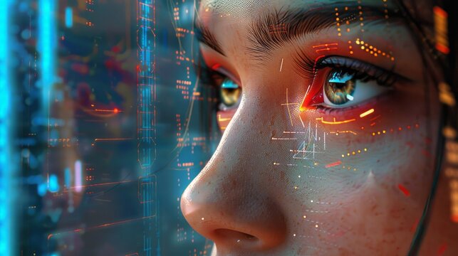 Future woman with cyber technology eye panel concept - sci-fi futuristic portrait of a young woman with digital eye implant, cybernetic augmentation, and technological integration, conceptual art for  - Powered by Adobe