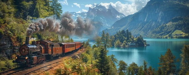 A steam locomotive chugging along a scenic mountain route, passengers enjoying the view.