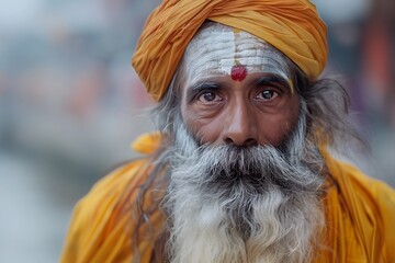 Obraz premium Portrait of a Holy Man with Traditional Attire and Face Paint