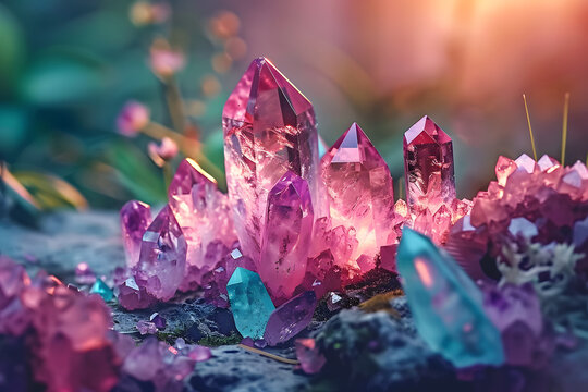 gemstones crystal minerals on mysterious nature background gems fluorite pink and clear quartz magic rock for crystal ritual witchcraft spiritual practice