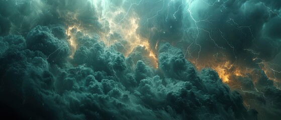 Fototapeta premium Dark thunderclouds with lightning bolts striking in the background, in 4K resolution.