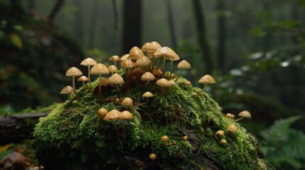 A cluster of tiny mushrooms growing on a moss-covered rock in a damp forest.