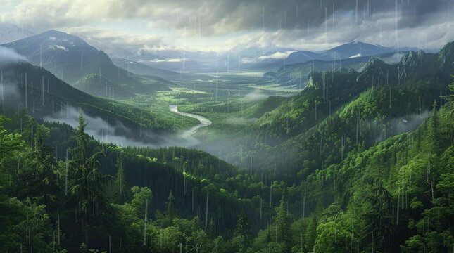 Lush valley landscape with rain creating a misty and atmospheric scene on a cloudy day
 seamless looping 4k time-lapse virtual video animation background. generated ai