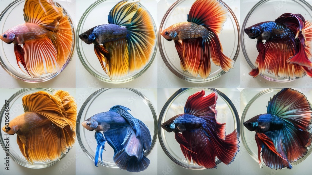 Poster a collection of betta fish in various colors and patterns housed in individual bowls.