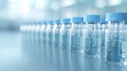 A row of sterile vials with blue caps in a laboratory setting, ready for use in medical or scientific research and development.