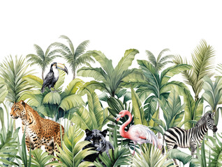 Obraz premium Watercolor animals with palm leaves