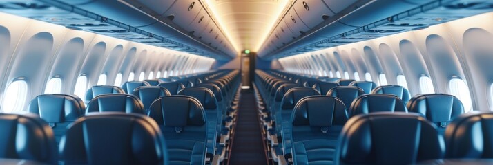 Fototapeta premium Airplane interior of commercial passenger. Airplane cabin and aisle with empty seats inside of plane