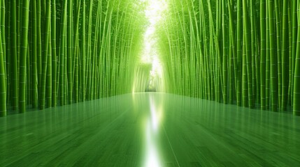 A serene, reflective path through a dense bamboo forest, illuminated by sunlight, creating a tranquil and meditative atmosphere.