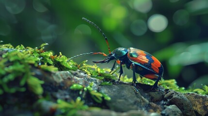 A colorful beetle crawling on a mossy rock in a forest.